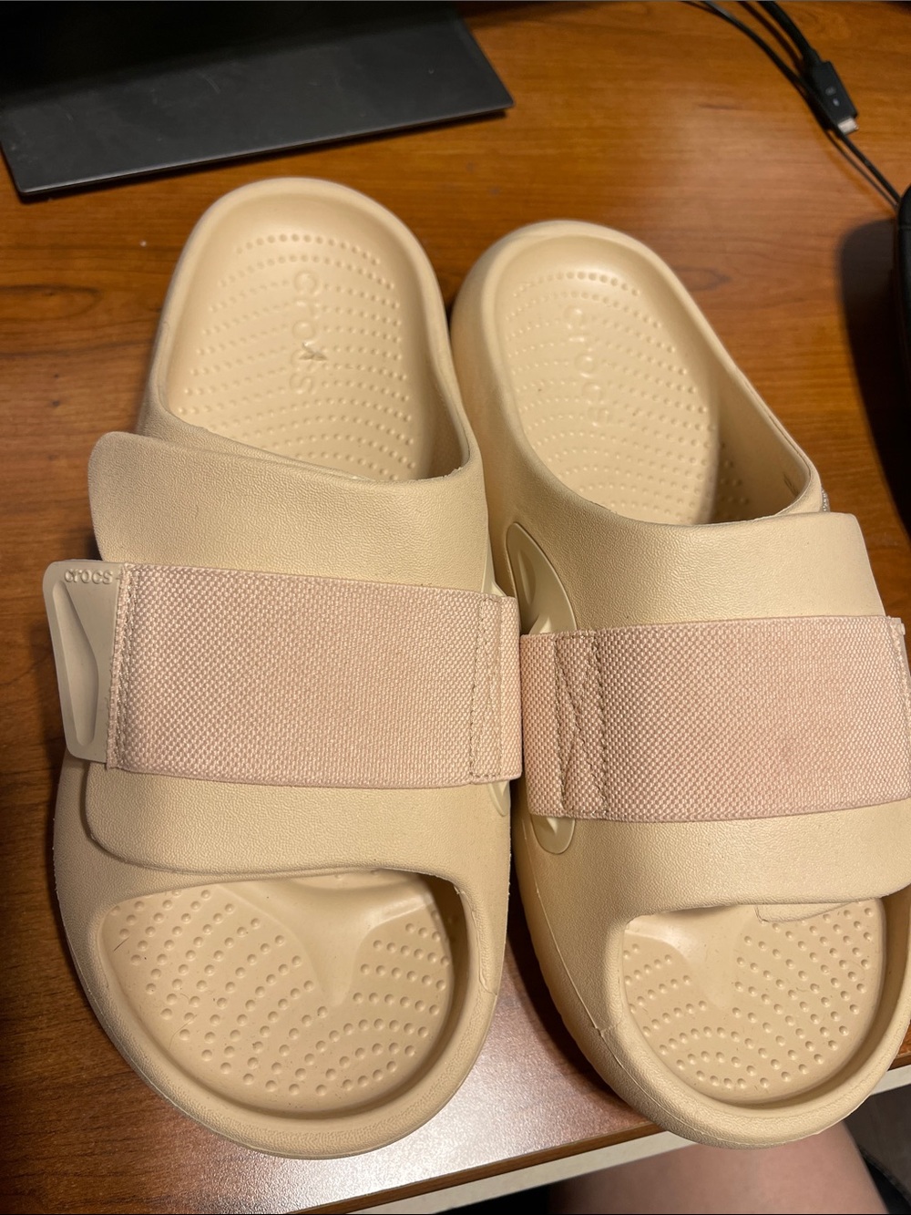 CROCS Slide Sandals in Cream with Pale Pink Strap